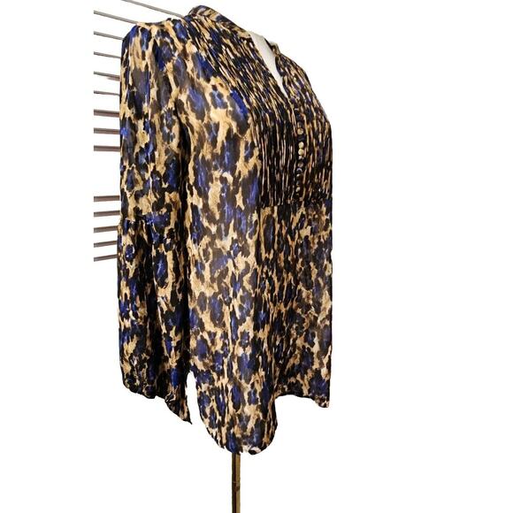 Chicos Pintuck Button Sheer Tunic Top Blue Brown Animal Print Balloon Sleeve 0 S - Picture 3 of 4